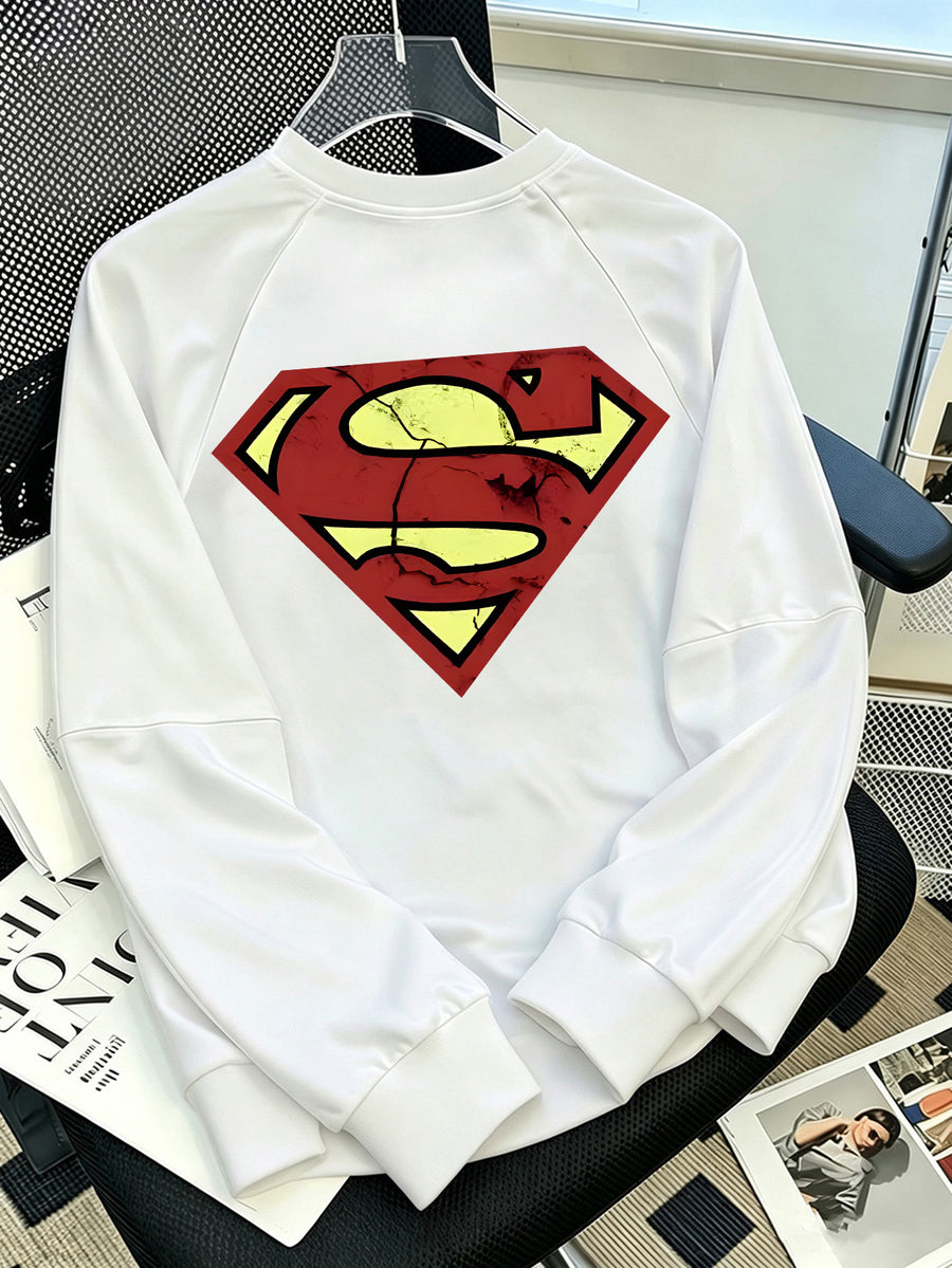 WB Warner Bros Officially Licensed Superman Retro Cracked 'S' Logo Hoodie - Men's & Women's V-Neck Pullover with Superman Vintage Print, Loose Fit, Machine Washable, Suitable for Autumn Winter Casual Wear - White