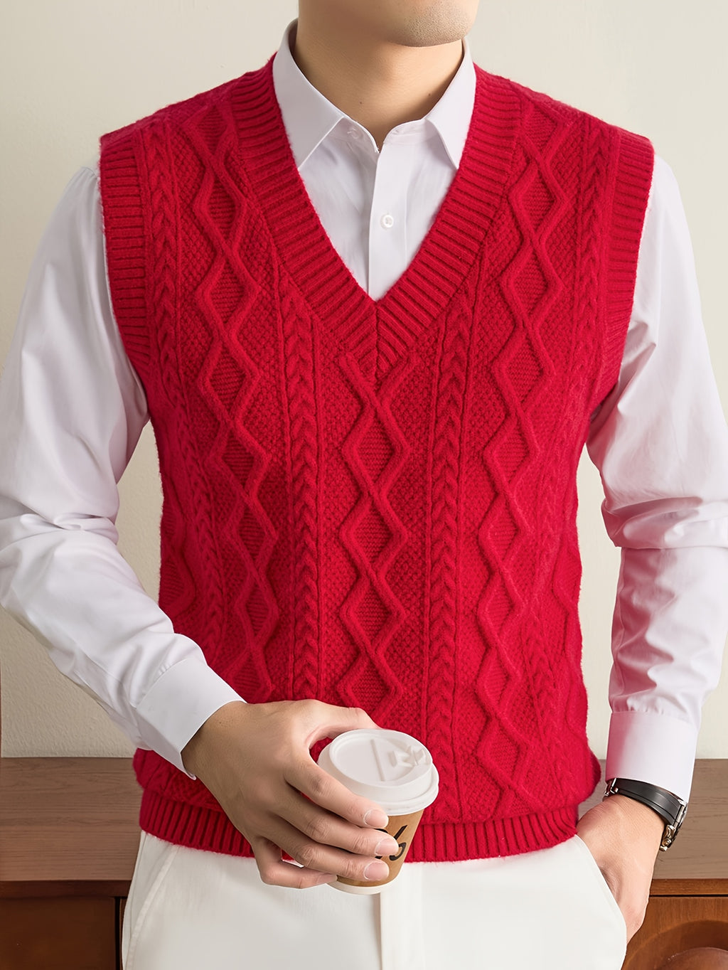 Men's V-neck Simple and Stylish Knitted Autumn/Winter Pullover Sleeveless Sweater Vest (Single Piece) - Bright Red