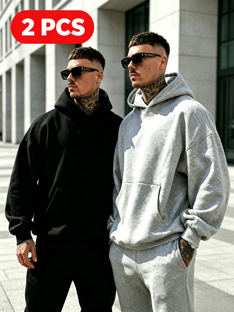 American Heavyweight Hooded Sweatshirt Men'S Black White Gray Solid Loose Drop Shoulder Hoodie 2pcs Set Trendy Casual Streetwear - Black+Grey