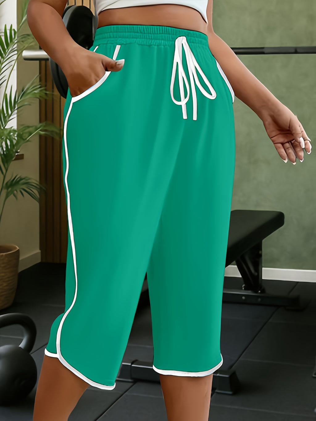 New Spring And Summer Solid Color Casual Comfortable Mid-Length Sweatpants for, Fitness, And with Pockets. - cyan green