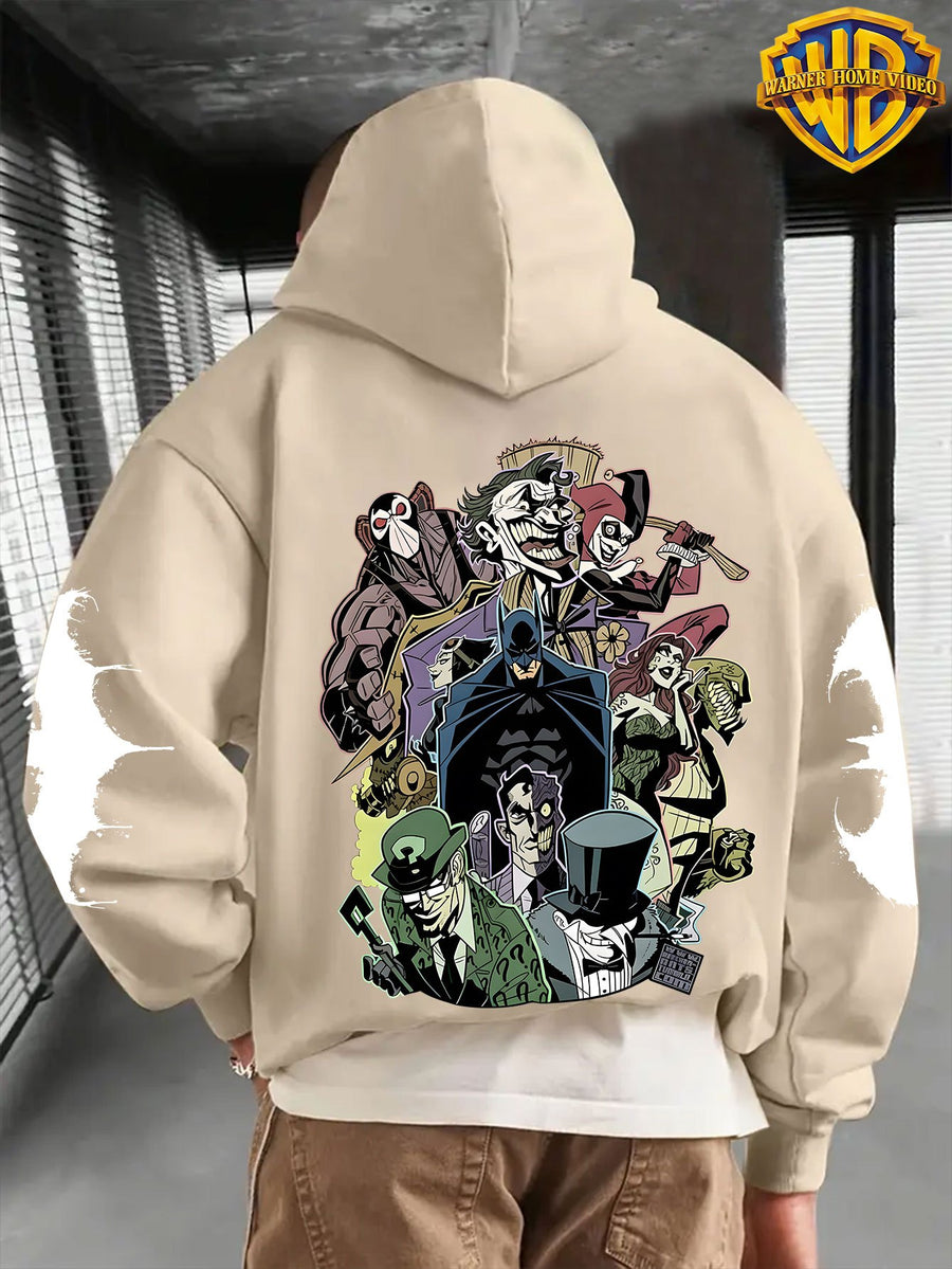 Warner Men's New Trendy Hoodie, Warner's Batman IP Co Branded Batman Villain Collection Printed Hoodie, Casual Daily Drawstring Hoodie, Long Sleeved Pullover, Machine Washable, Versatile Sports Casual Loose Men's Casual Hoodie, Front Kanga - Apricot