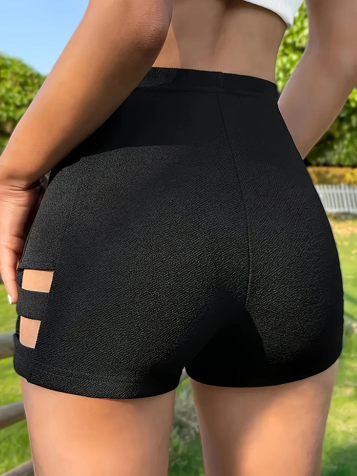 Women'S Solid Color Hollow High-Waist Shorts - Non-Sheer, All-Season Elegant Casual Wear, Suitable for Daily Wear, Office Commute, Home, Dates, Parties, Formal Attire | Fashion Women'S Mid-Length Shorts | Minimalist Style Trousers, Machine Washable - Black