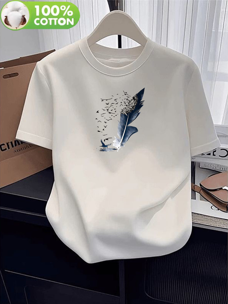 100% Women's T-Shirt, Summer Short-Sleeve Lightweight Top, Trendy and Fashionable Standard Fit, Casual and Versatile, Breathable and Comfortable, Pattern with Flying Bird Elements, Simple, Elegant, and Full of Personality - White