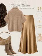 Autumn Winter Fashion Lazy Style Turtleneck Cloak Sweater And Premium Satin Fishtail Half Skirt, Temperament Elegant Commute Two-Piece Set - Khaki
