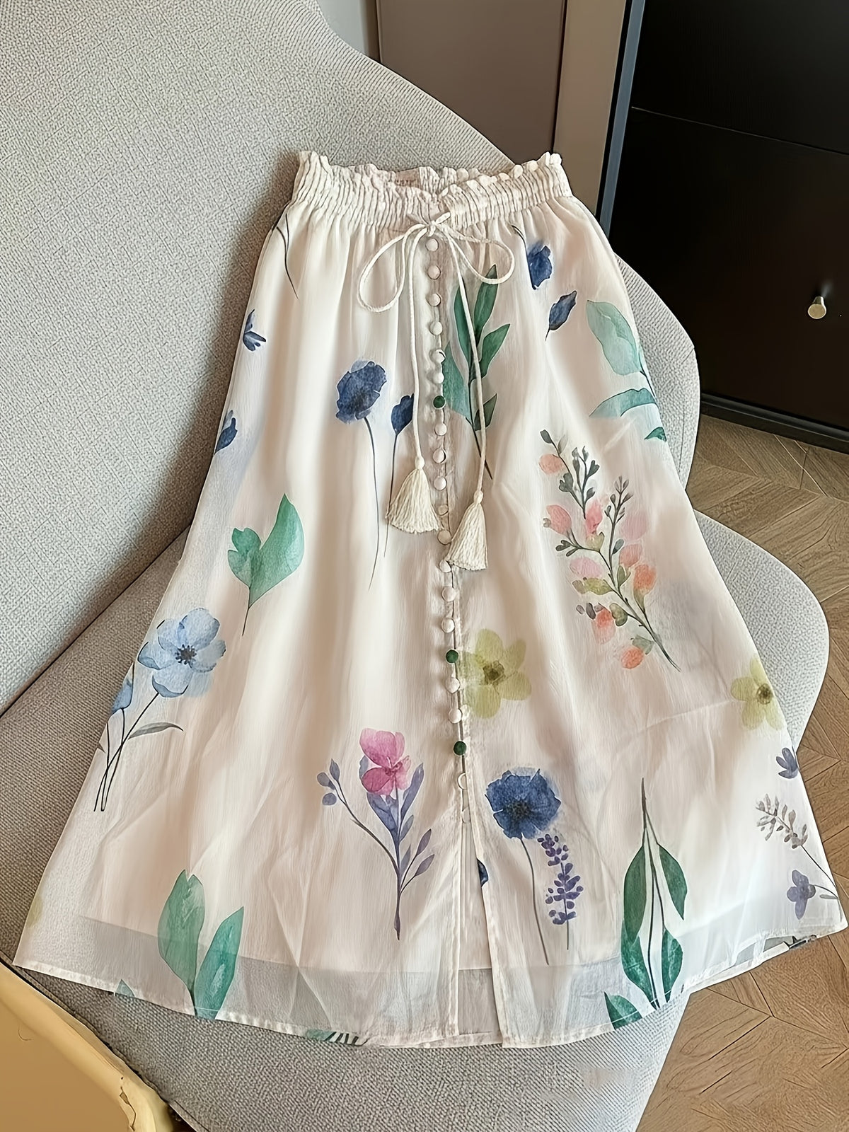 Women'S Printed High-Waisted Casual Versatile Skirt with a Single Row of Buttons - Multicolor