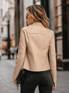 In-Stock/Women'S Casual PU Jacket, Women'S Biker Coat, Spring Autumn Motorcycle Jacket, Vacation Travel Outerwear, Retro Fashion Design - Apricot