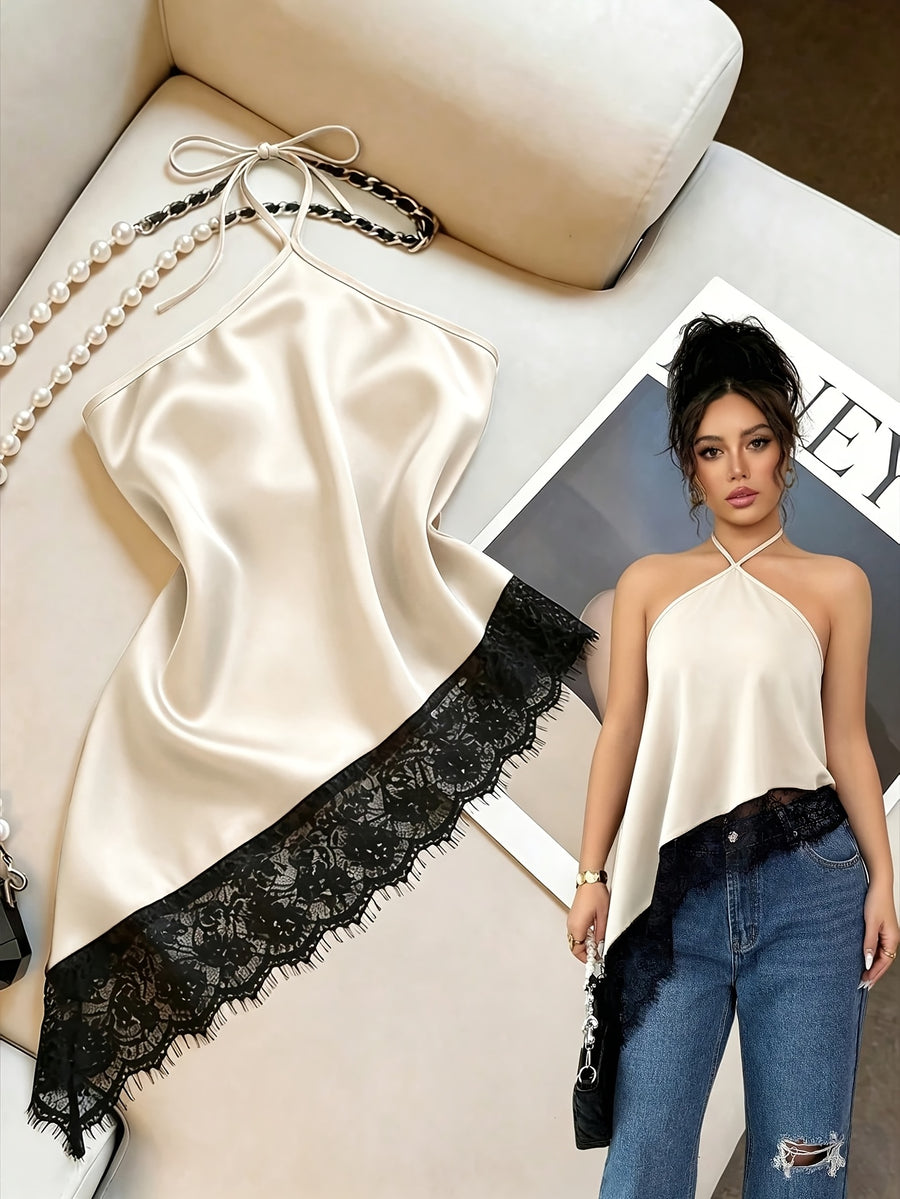 New Summer Satin Women's Camisole, Halter Neck Tie, Asymmetrical Lace Hem, Sexy Women's Camisole, Luxurious Lace-Trimmed Backless Bodycon Camisole, Sexy Sleeveless Top, Suitable for Parties, Cocktail Events, Formal Occasions, and Business Casual - Apricot