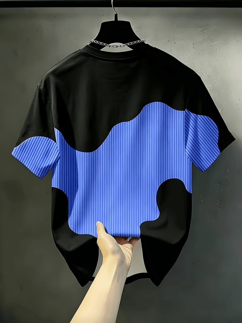 Men'S Casual Round Neck T-Shirt, Geometric Pattern Patchwork Striped Design, Chicago Word Pattern, Drapey Fashion Top, All-Season Wear, Breathable Regular Fit for Casual And Formal Outfits - Round Neck Casual Top - Blue