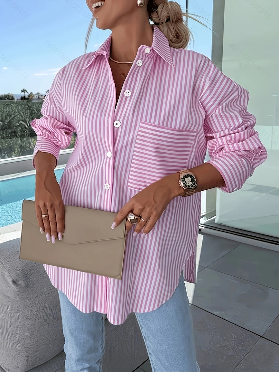 Women's Casual Loose-Fit Striped Shirt for Vacation - Pink