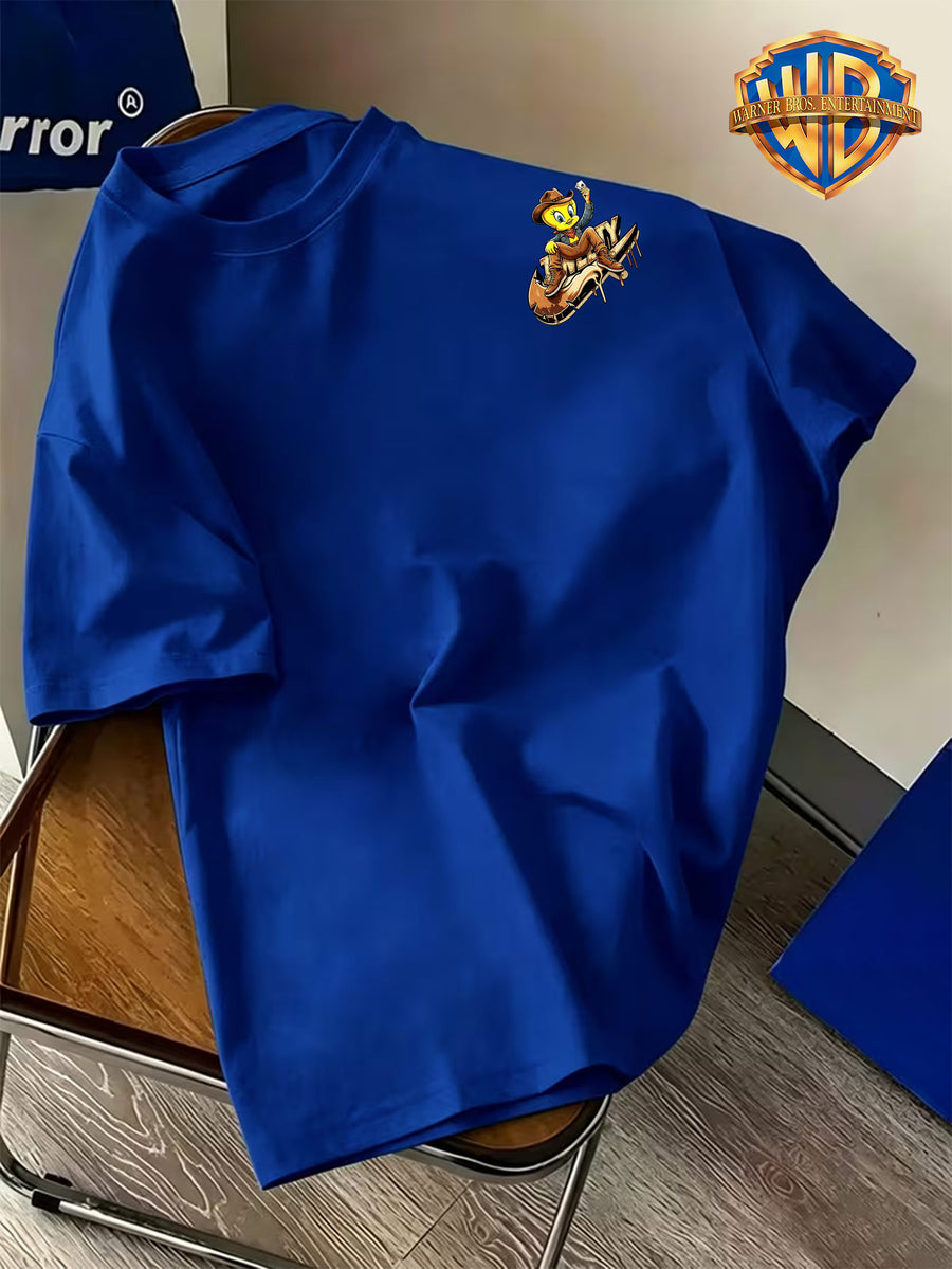 Warner Bros. Official Men's Short-Sleeve T-Shirt with Front and Back Print. Features a Creative Core Western Cowboy Style Design with Bird Holding Playing Cards. The Vibrant Print Creates a Strong Atmosphere, Making the Shirt Eye-catching - Royal Blue