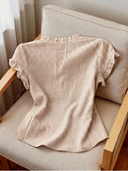 Women's Ruffle Collar Short Sleeve Single-Breasted Striped Shirt, Summer - Khaki