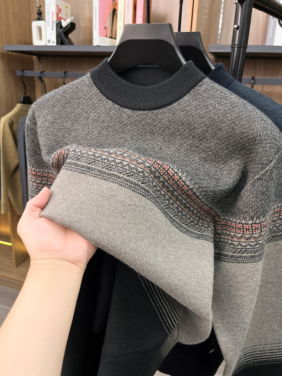 Men's Simple Knit Autumn/Winter Warm Color-Block Versatile Crew Neck Sweater - Camel
