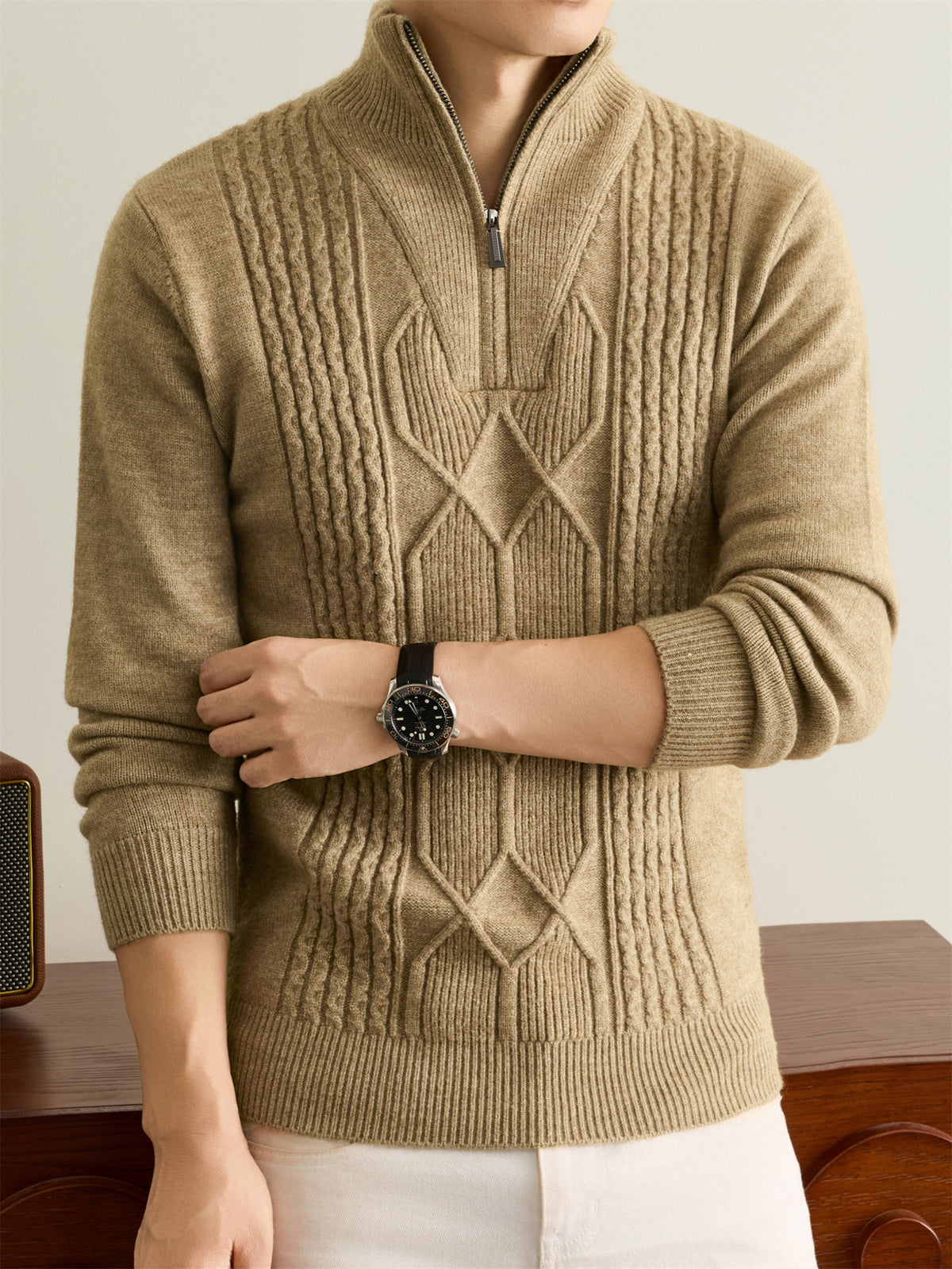 Autumn Winter Knit 3D Solid Half-Zip Stand Collar Sweater, Basic Knit Pullover Top for Men, Fashionable Long Sleeve Sweater, Size S - Beige Camel