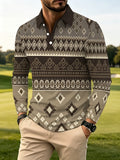 Men's Digital Print Long Sleeve Polo Shirt, Men's, Ethnic Geometric Rhombus Print, Lapel Collar, Long Sleeve, Daily Casual, Vintage Ethnic Style, Trendy and Individualistic - Mixed colors