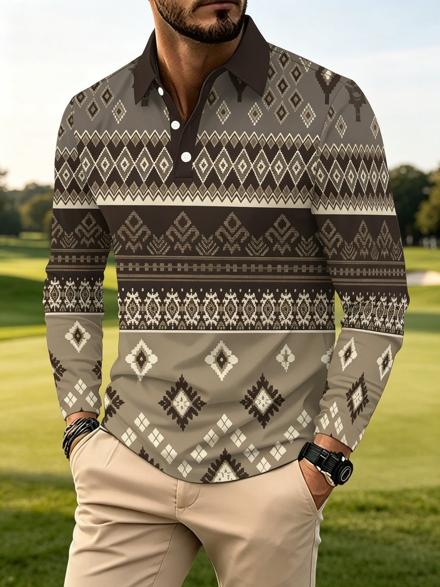 Men's Digital Print Long Sleeve Polo Shirt, Men's, Ethnic Geometric Rhombus Print, Lapel Collar, Long Sleeve, Daily Casual, Vintage Ethnic Style, Trendy and Individualistic - Mixed colors
