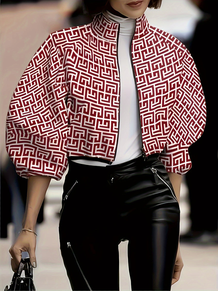 LN955 Autumn New Print Zipper Long Sleeve Women's Casual Short Jacket - The color of rouge