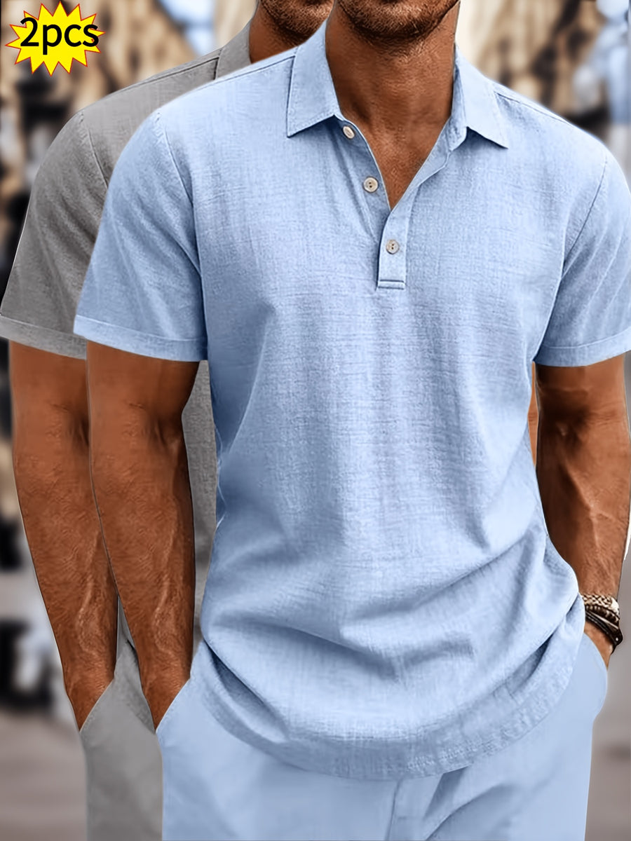 2pcs Summer Cooling Linen Polo Shirt Set, Men'S Breathable Solid Casual Shirts - Sky Blue+Grey