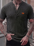 Men's Fashion Top, Spring/Summer Outdoor Casual Refreshing Crinkle Fabric, Round Neck Single-Breasted Button Pocket Patchwork Short Sleeve Men's Henley Shirt - Dark Gray