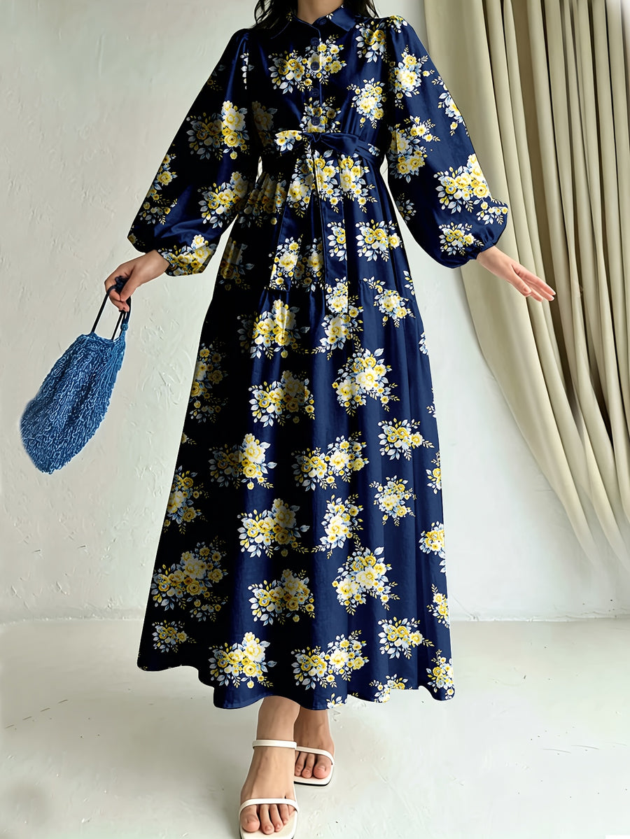 Elegant Printed Long Sleeve Dress for Spring And Autumn, Women'S, Non-Stretchable, Machine Washable - Suitable for All Seasons - Mixed colors
