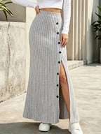 Latin American Style High Waist Vertical Ribbed Skirt - Solid Color Button Closure & Slit Hem, Beltless Mid-Stretch Skirt Suitable for Spring Summer Fall, Casual to Dressy Wear, Machine Washable Vertical Panel Skirt - Light Grey