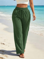All-season Versatile Women's Casual Wide-leg Pants, High-waisted Elastic Waist Design, Loose, Smooth and Flowy Straight-leg Trousers, Ideal for Beach Trips, Outings and Vacation Wear - Dark Green
