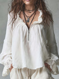 Women's Boho Ruffled V-Neck Half-Zip Blouse, Vintage Lace Trim Long Sleeve Top, Casual Loose-Fit Shirt for Spring and Summer - White