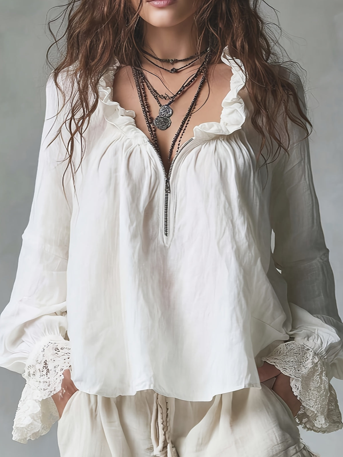 Women's Boho Ruffled V-Neck Half-Zip Blouse, Vintage Lace Trim Long Sleeve Top, Casual Loose-Fit Shirt for Spring and Summer - White