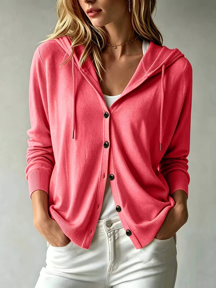 Women's Casual Hooded Cardigan, Button-Up Long Sleeve Top, Lightweight Loose Hooded Outerwear, Suitable for Daily/Commute/Vacation Multi-Scene Wear, Gavin - Watermelon Powder