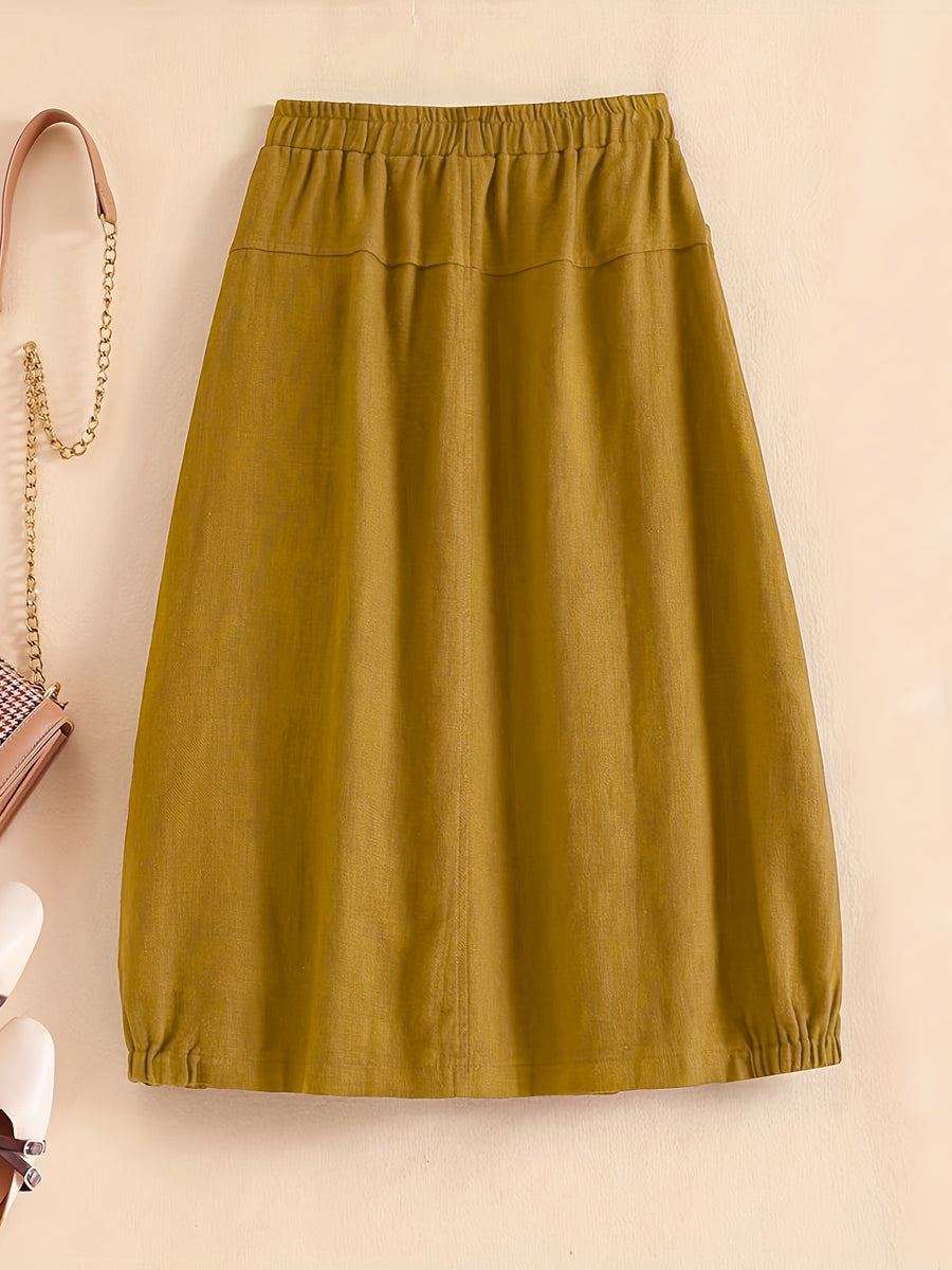 New Spring Summer Autumn Thin Korean Style Linen Loose Half Skirt with Pockets, Elastic Waist Linen Dress, Mid-Length Lantern Hem Women'S Skirt - Yellowish-brown