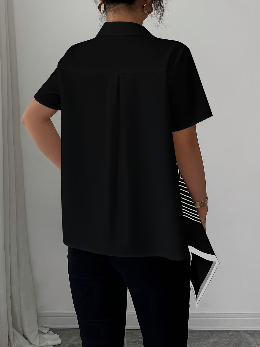 Elegant Collar Geometric Black and White Line Print Asymmetrical Hem Open Front Versatile Commuter Short Sleeve Shirt for Spring, Summer, and Fall, Suitable for Outings and Dates - Black
