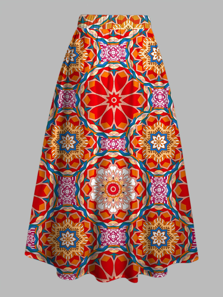 Summer Women'S Bohemian Print Midi Skirt, Stretchable Elastic Waist Casual Skirt - Multicolor 1