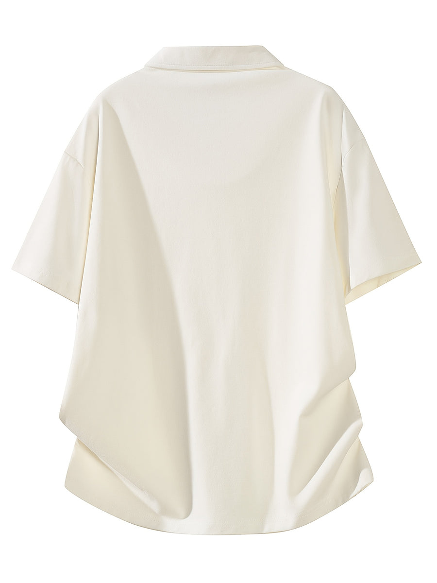Spring/Summer American-style Solid Color Polo Shirt, Casual Versatile Short Sleeves with Lapel Collar, Simple Buttonless Placket - White Apricot