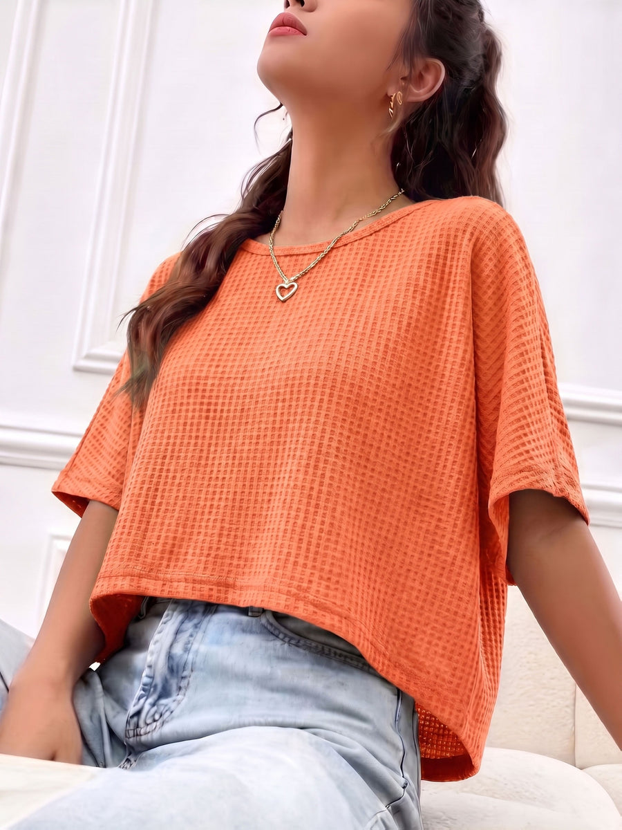 Women's Casual Loose-Fit Waffle Short Crop Crew Neck Short Sleeve T-Shirt for Daily Commuting - Orange-Red