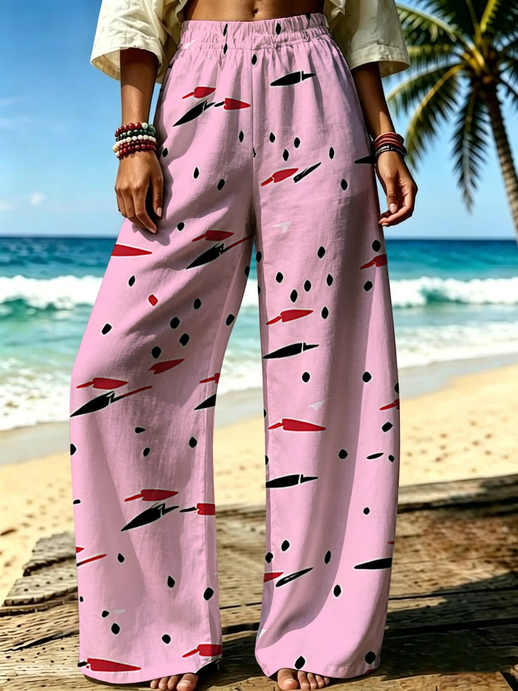 Women'S Casual Wide-Leg Pants, Easy Graffiti Brushstroke Print, Suitable for Women Who Love Sweet-Cool Style, Perfect for Beach Walks And Casual Gatherings. [Print Design - No Texture] - Mixed colors