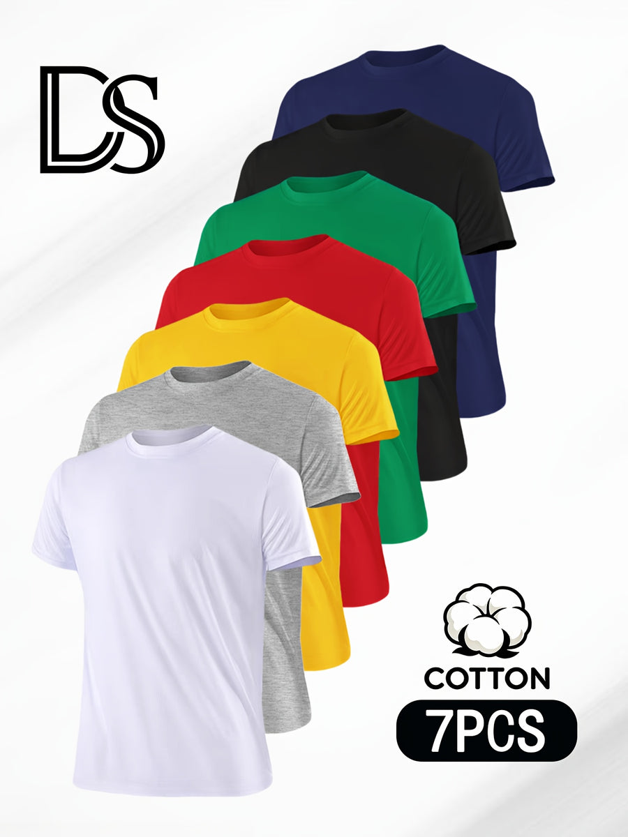 7pcs Men's Pure Crew Neck Short Sleeve T-Shirts, Unisex Basic Short Sleeve Tops, Matching Couple's Style, Comfortable, Soft, Breathable, and Sweat-Wicking, Suitable for Layering or Wearing Alone, Ideal for Sports, Outdoor, Casual, and Commuting - Mixed Color 4