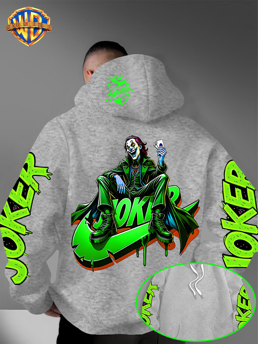 Warner Bros. American Trendy and Cool Hook, Hisley Jay Joker, JOKER Splashed Ink Graffiti Print Hooded Sweatshirt, with Adjustable Drawstring, Comfortable and Warm, Fashionable and Versatile Men's Casual Sweatshirt - Light Grey