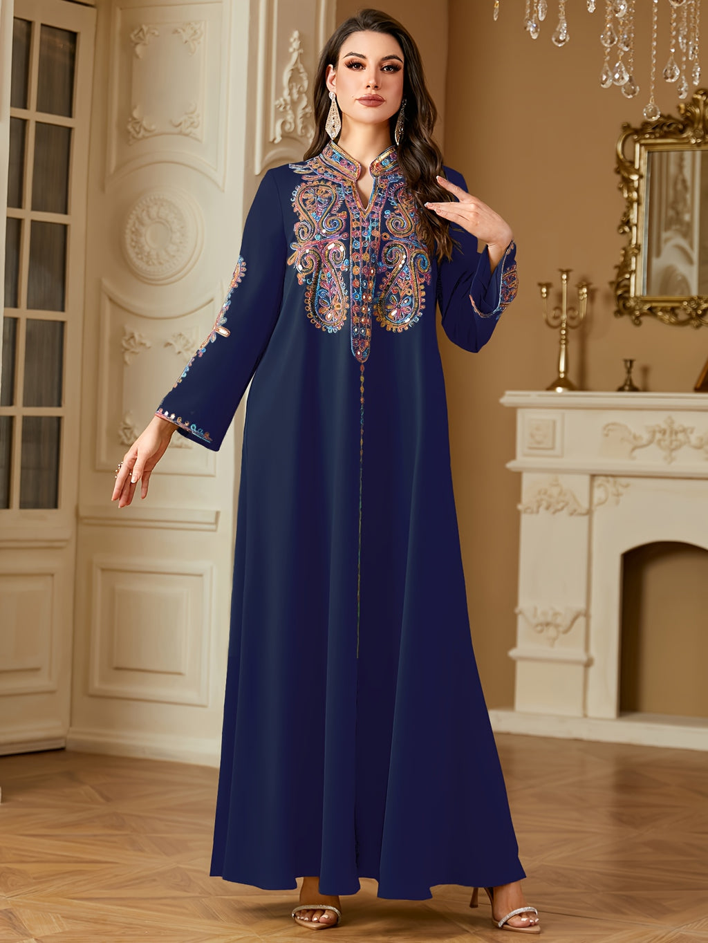 Elegant Middle Eastern/Arabic -Line Maxi Dress with V-Neck & Long Sleeves - Loose Fit -Length Dress Suitable for Ramadan Weddings, Cultural Events - Machine Washable Traditional Muslim Gown - Navy Color