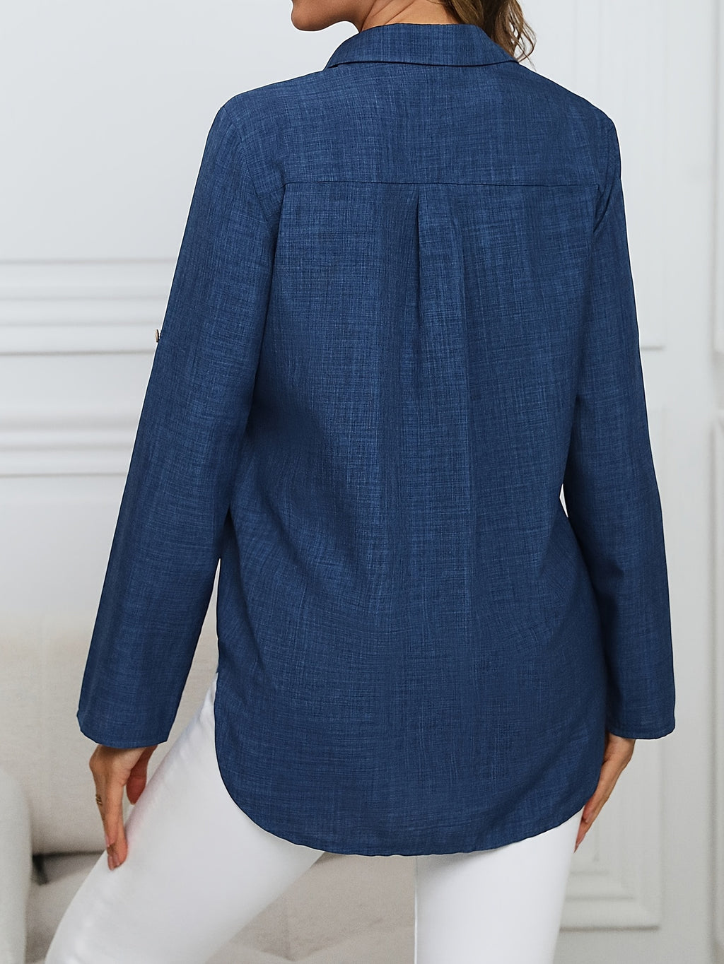 Women'S Casual Button-Up Collar Shirt - Solid Color Loose Fit Top, Women'S Blouse, Machine Washable Non-Sheer, Suitable for Spring And Autumn Wear, for Casual And Professional Attire, Fall Outfit, Classic Shirt, Quality Stitching, Office Women - Blue