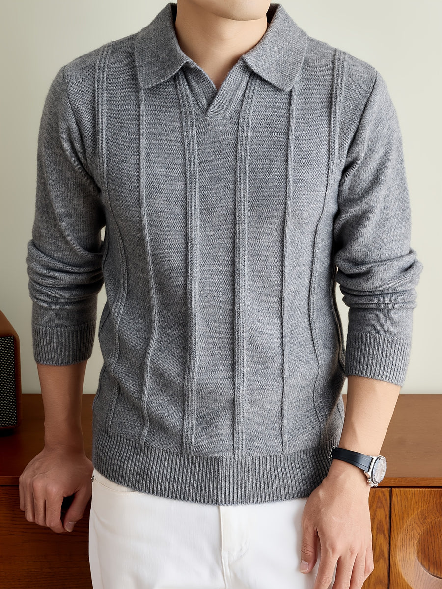 Men's Fall Winter V-Neck Buttonless Collar Knit Polo Sweater, Vertical Ribbed Long Sleeve Pullover with Ribbed Trim, Casual Top - Light Grey