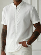 Men's Lightweight Breathable Zip-Up Stand Collar Shirt - Short-Sleeve Button-Up Beach Shirt with Zipper Front, Solid Color Suitable for Pool Parties, Casual Wear & Father's Day Gifts, Machine Washable Stand Collar Button Collar Blouse Style - White