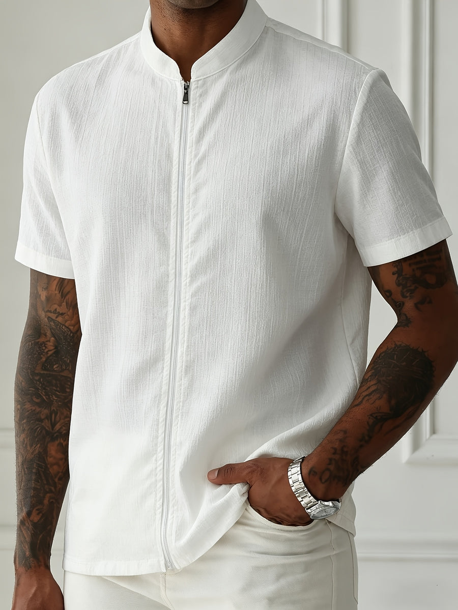 Men's Lightweight Breathable Zip-Up Stand Collar Shirt - Short-Sleeve Button-Up Beach Shirt with Zipper Front, Solid Color Suitable for Pool Parties, Casual Wear & Father's Day Gifts, Machine Washable Stand Collar Button Collar Blouse Style - White