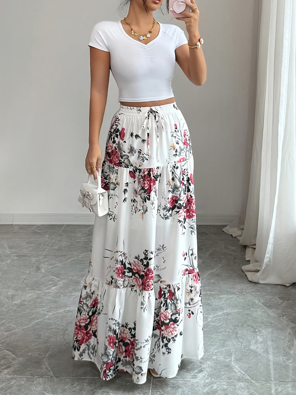 Floral Elastic Waist A-Line Skirt - Polychrome
