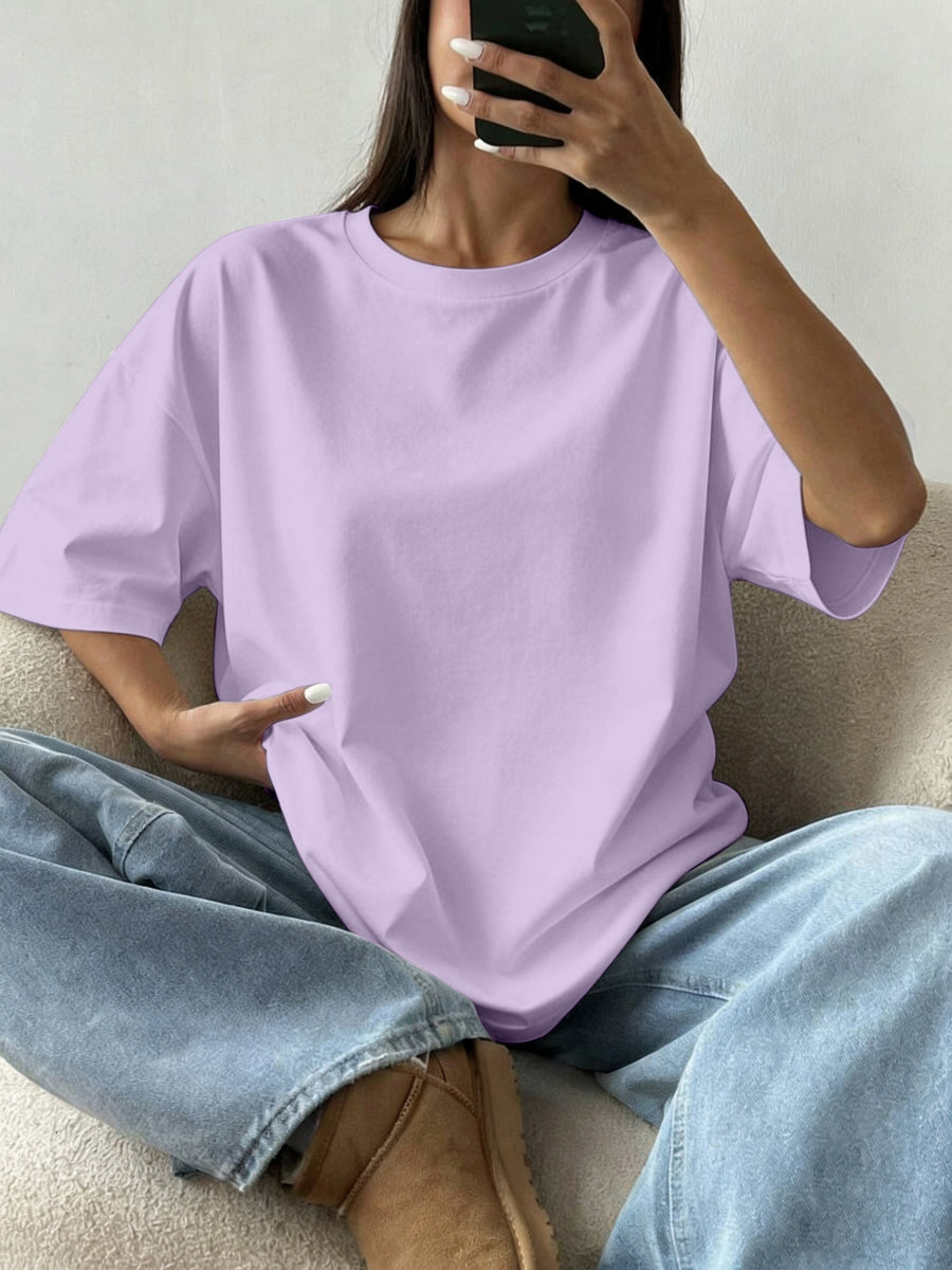 Women's Oversized Round Neck T-Shirt - Lightweight Short Sleeve Blouse Basic Solid Color Top | Spring Summer Casual Loose Fit Pullover, Machine Washable Suitable for Casual Attire, Office, Lounge & Layering - Light Purple