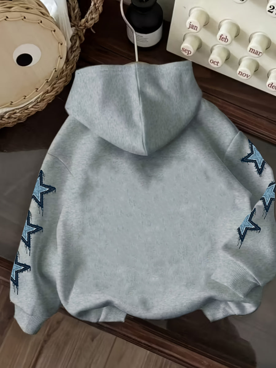 Vintage Denim Fringe Star Hooded Sweatshirt with All-Over Five-Pointed Star Print, a Versatile Casual Hoodie Top for Spring and Autumn - Light Grey