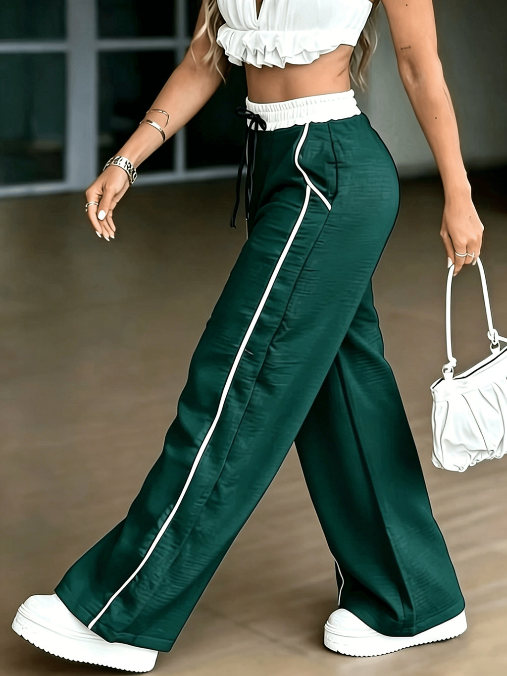 HMY Loose And Wide-Leg Pants for Women, Contrasting Color Waistband Drawstring Design, Side White Stripe Straight Casual Pants + [Ta Lan] - Dark Cyan