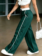 HMY Loose And Wide-Leg Pants for Women, Contrasting Color Waistband Drawstring Design, Side White Stripe Straight Casual Pants + [Ta Lan] - Dark Cyan