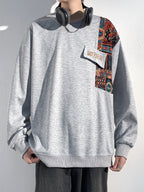 Men's Chinese Vintage Patchwork Crewneck Sweatshirt, Ethnic Style Embroidered Loose Drop-Shoulder Pullover, for Spring/Autumn Daily Streetwear Outings - Grey