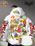Warner Official Men's Hoodie, Adventure Treasure Full Character Gathering Adventure Print Design, Machine Washable, Warm and Casual for Autumn and Winter, Daily Drawstring Hoodie, Multifunctional Sports and Casual Loose Fit - White