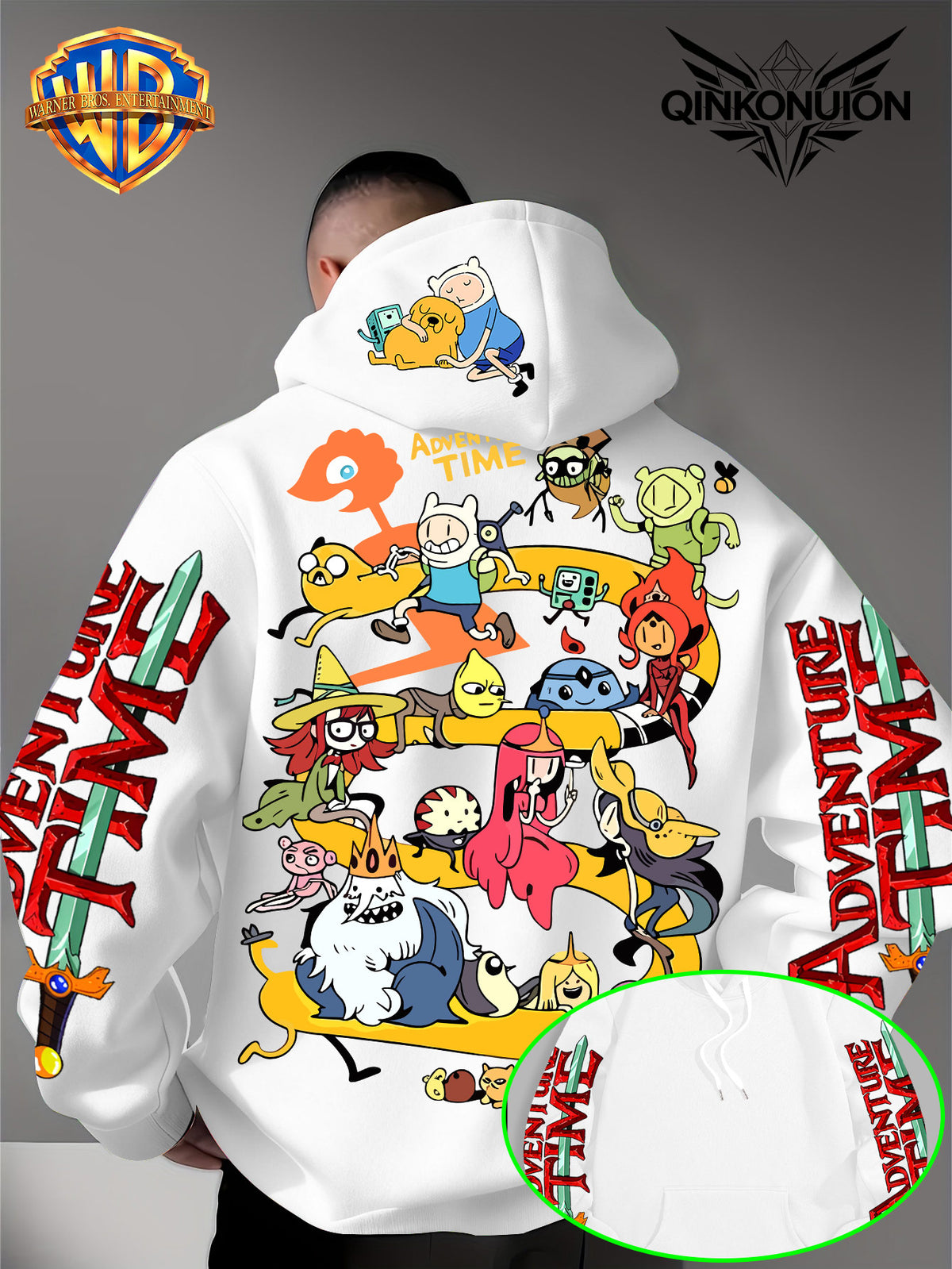 Warner Official Men's Hoodie, Adventure Treasure Full Character Gathering Adventure Print Design, Machine Washable, Warm and Casual for Autumn and Winter, Daily Drawstring Hoodie, Multifunctional Sports and Casual Loose Fit - White