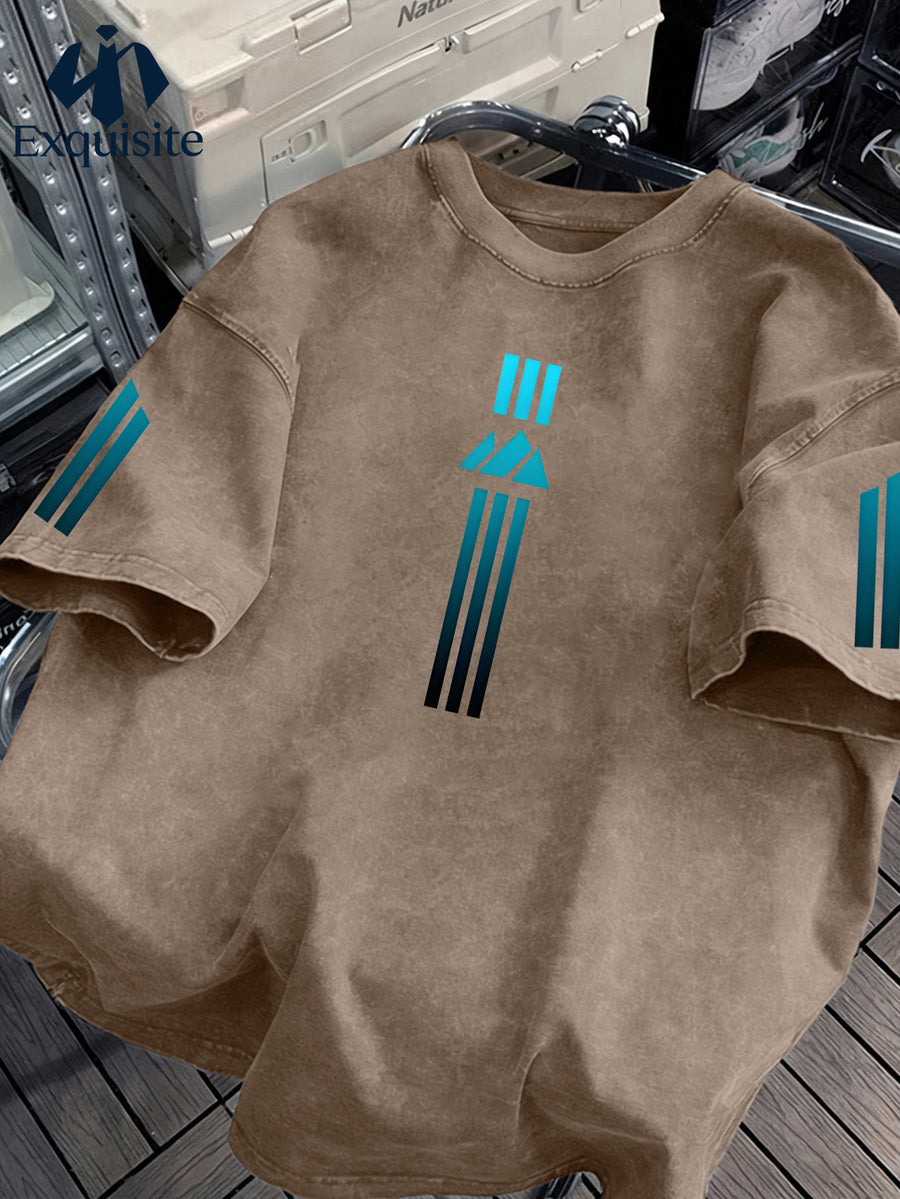 Men's T-shirt - High-street Style Distressed Finish Short-sleeved Men's T-shirt, Blue-black Gradient Geometric Creative Print, Versatile and Slimming, Machine Washable. - Coffee Color